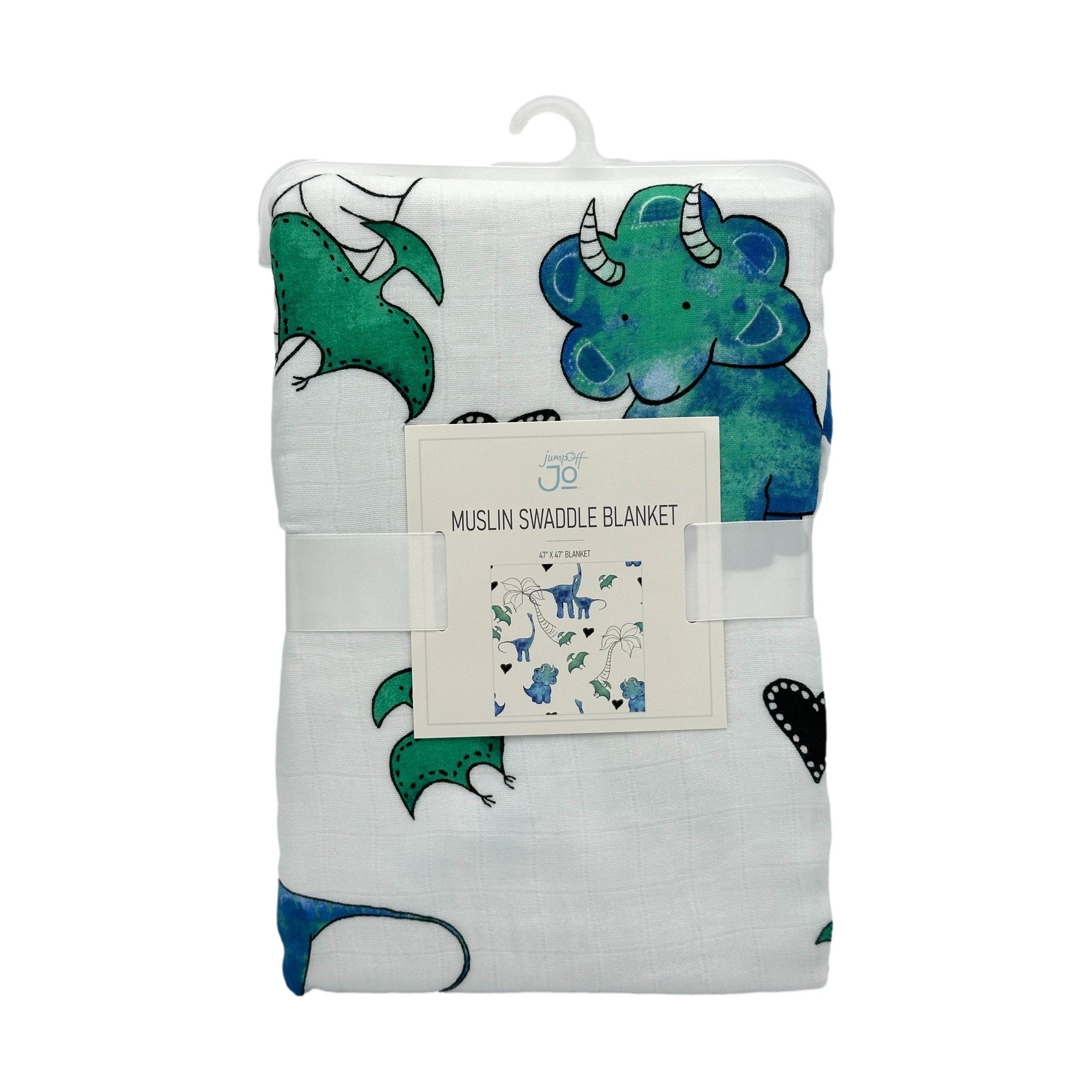 Packaged muslin swaddle blanket with blue and green dinosaur print.